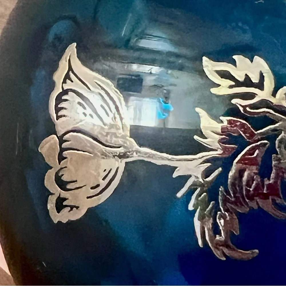 Vintage Hand Blown Silver City Glass - Sterling Silver Overlay‎ Blue Vase - RARE